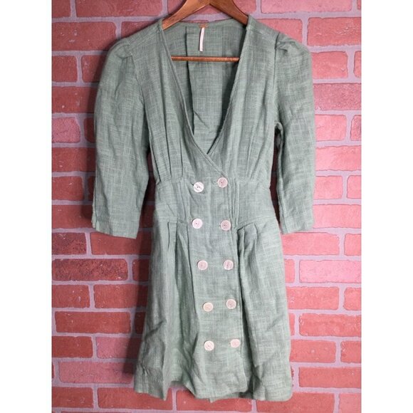 Free People Women's Madeline Double Breasted Mini Dress Plunging V-Neck Green XS - Picture 3 of 6